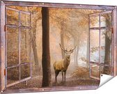 Gards Tuinposter Doorkijk Hert in het Bos - Herfst - 150x100 cm - Tuindoek - Tuindecoratie - Wanddecoratie buiten - Tuinschilderij