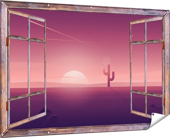 Gars Affiche de jardin Coucher de soleil transparent dans le désert avec un cactus - 180x120 cm - Toile jardin - Décoration de jardin - Décoration murale extérieur - Tableau jardin