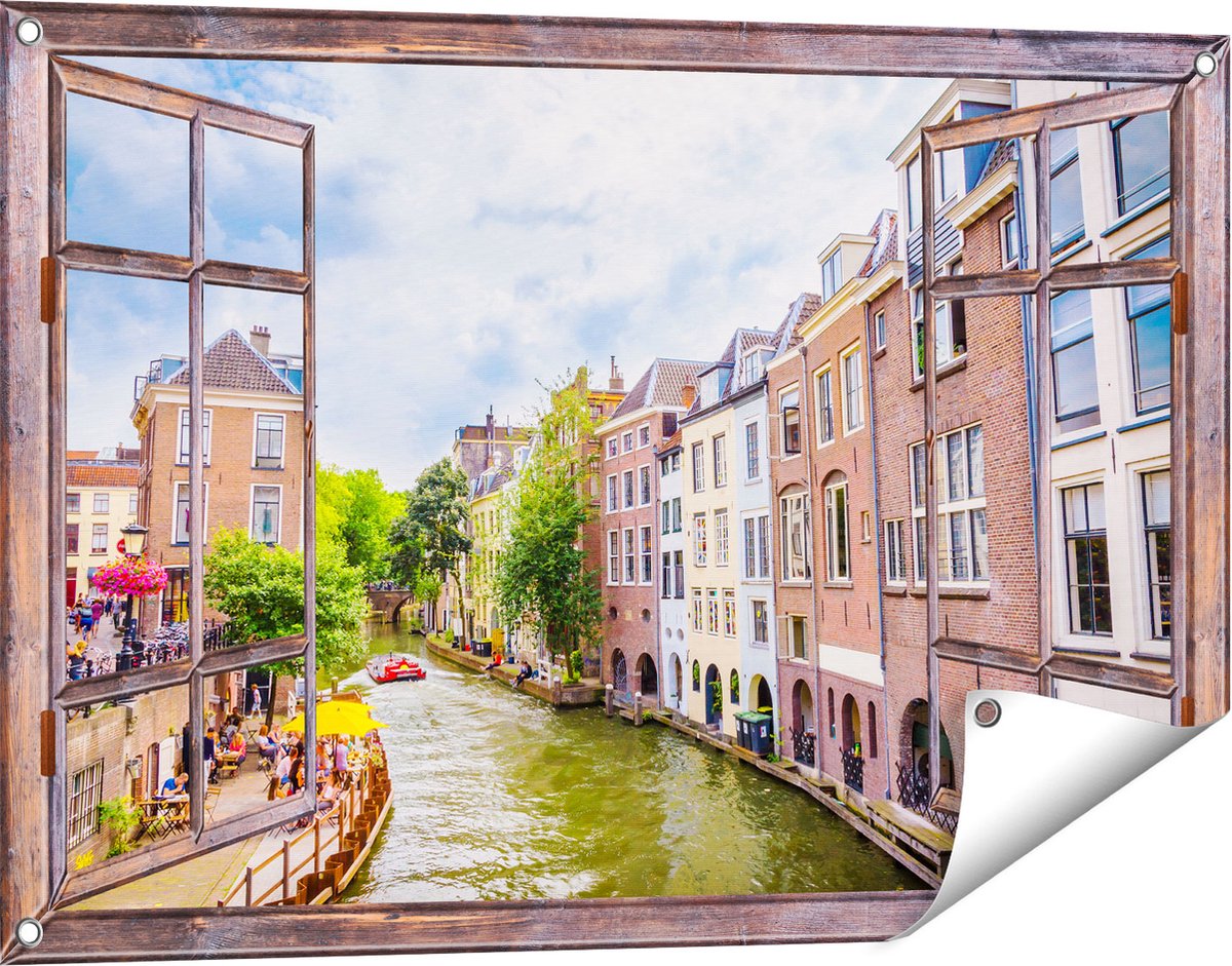 Gards Tuinposter Doorkijk Huizen aan de Oudegracht in Utrecht - 90x60 cm - Tuindoek - Tuindecoratie - Wanddecoratie buiten - Tuinschilderij bruin
