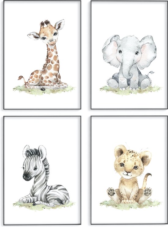 No Filter - Baby Dieren posters - 4 stuks - 21x30 cm (A4) - Safari dieren – Babykamer/kinderkamer posters