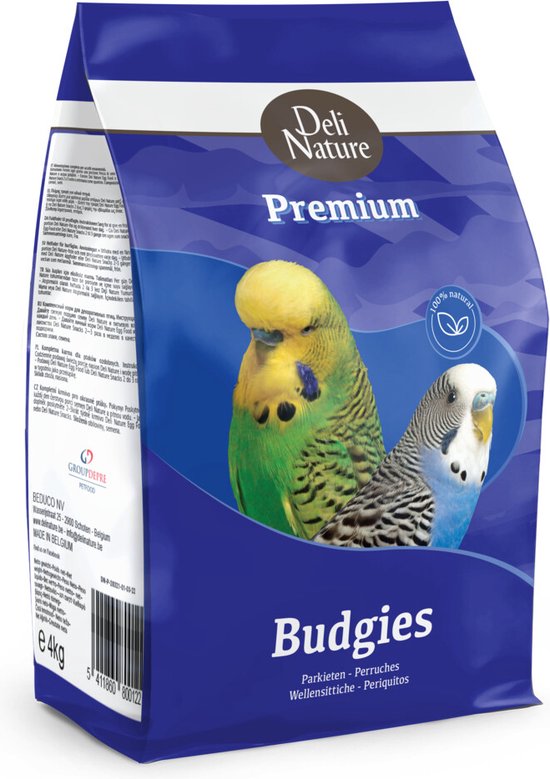 Een zak van 4kg Deli Nature Premium vogelvoer voor parkieten. Twee parkieten, één groen en één blauw, op de zak.