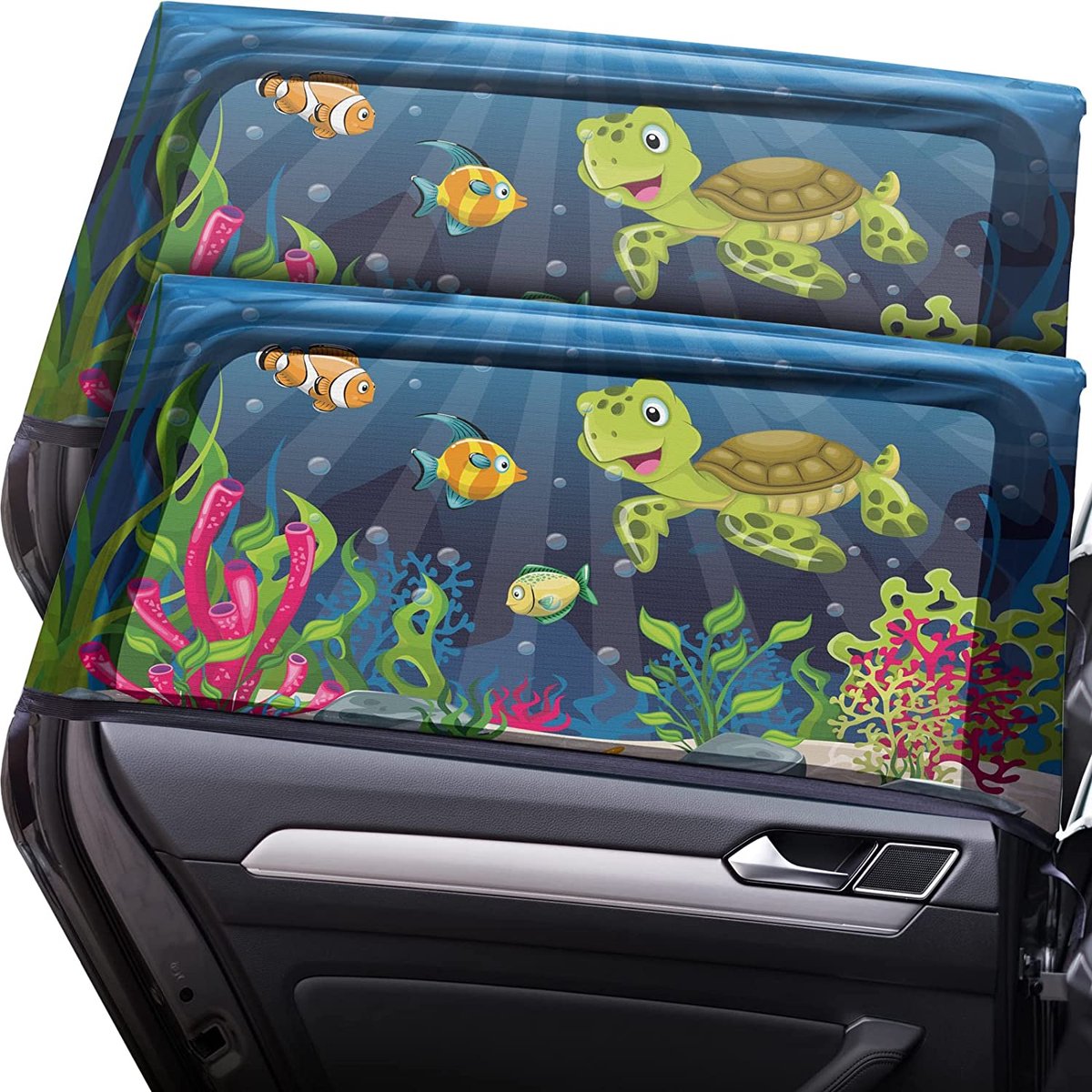 Zonwering auto kinderen met UV-bescherming - maat L voor middelgrote en grotere routes - 2 stuks, kleur: schilddesign