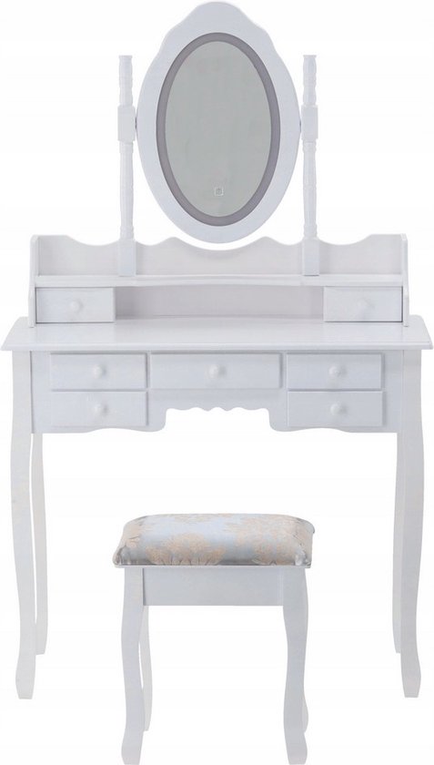 Coiffeuse - avec miroir, lampe et tabouret - 90x40x146 cm - blanc