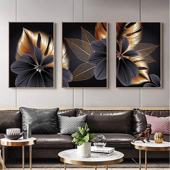 Allernieuwste.nl® SET van 3 stuks Canvas Schilderij Abstracte Zwarte Gouden Plant - kleur - 3-delige SET 30 x 40 cm elk