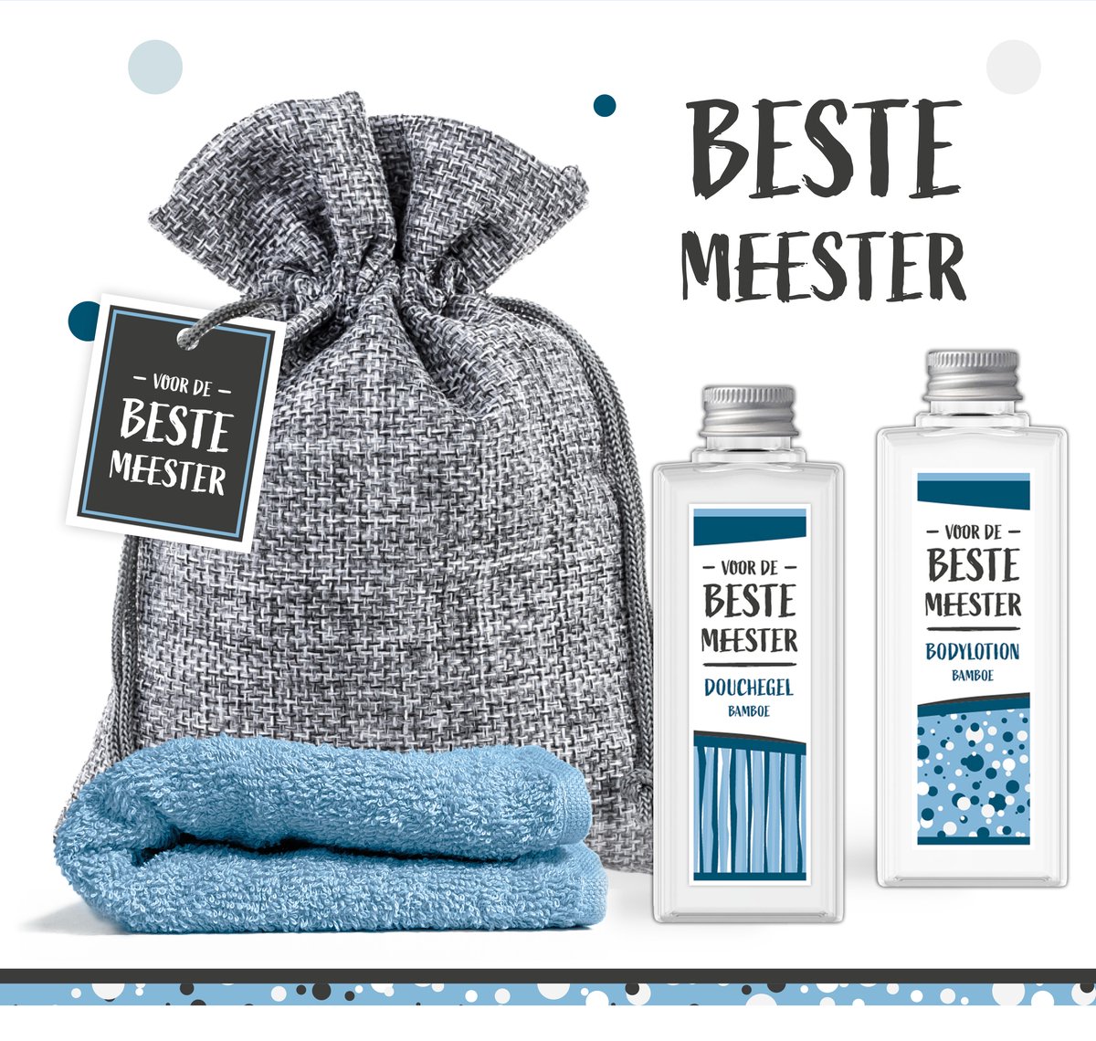 Goedkoopste Geschenkset Voor de beste meester - 4 producten - 250 gram | Giftset voor hem - Cadeau Meesterdag - Leraar - Docent - Leerkracht - Wellness Pakketje - Klein Cadeautje man - Coach - Einde Schooljaar - Bedankje - Meester - Blauw - Cadeaupakketje