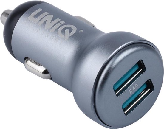 Chargeur Voiture Accessoire UniQ pour Apple Lightning avec 2 x Port USB - Gris - 2,4 A.