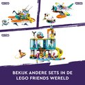 LEGO Friends sets 41734, 41752 en 41736: reddingscentrum, watervliegtuig en boot met minipoppetjes en zeedieren.