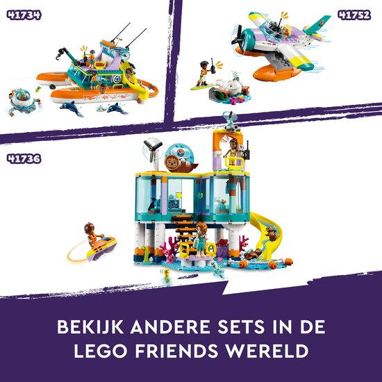 LEGO Friends sets 41734, 41752 en 41736: reddingscentrum, watervliegtuig en boot met minipoppetjes en zeedieren.