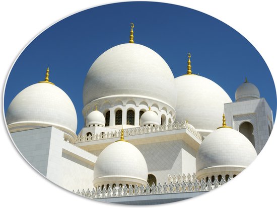 PVC Schuimplaat Ovaal - Witte Sjeik Zayed-moskee onder Stralend Blauwe Lucht op Zomerdag in Abu Dhabi - 68x51 cm Foto op Ovaal (Met Ophangsysteem)