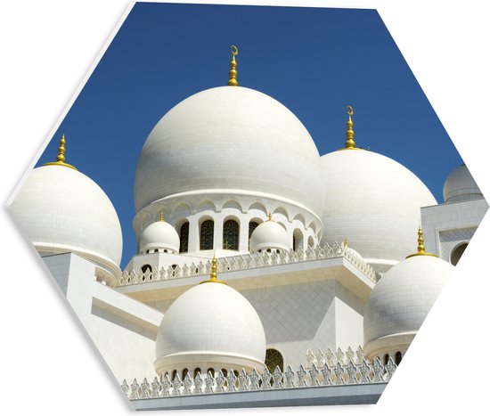 PVC Schuimplaat Hexagon - Witte Sjeik Zayed-moskee onder Stralend Blauwe Lucht op Zomerdag in Abu Dhabi - 40x34.8 cm Foto op Hexagon (Met Ophangsysteem)