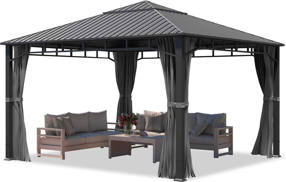 Tuinpaviljoen 4x4 m hardtop stalen dak, 4 zijwanden grijs, profiel 9x9cm