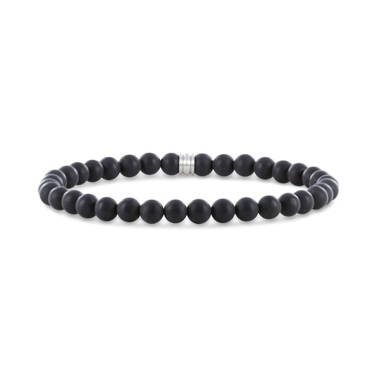 Een rekbare armband met 6mm matte zwarte agaat kralen en een stalen detail.
