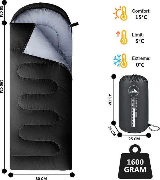 Hikemeister ® Premium mummy slaapzak 1600 gram - kamperen - Zwart - ca. 220 x 80 cm - met Binnenzak -tochtstrip -Glow inn the dark zipper- Comfortzone: 0-15 graden - Draagtas - met gratis Drybag t.w.v. €14.99 van Hikemeister — afbeelding 4