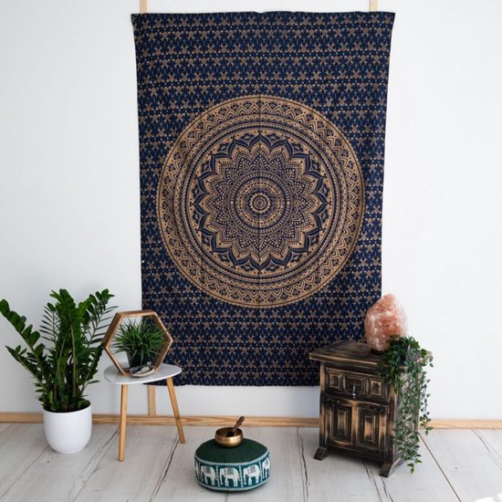 Wandkleed - mandala - Blauw/goud - 215x135 cm - muurkleed - muur decoratie - duurzaam katoen