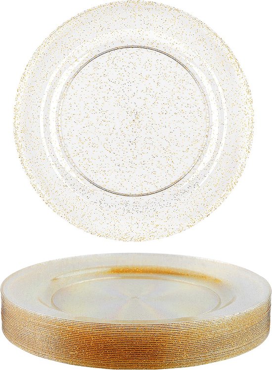 MATANA Lot de 25 assiettes de fête transparentes avec paillettes dorées - Vaisselle en plastique réutilisable et durable pour toutes les occasions - Diamètre 26 cm