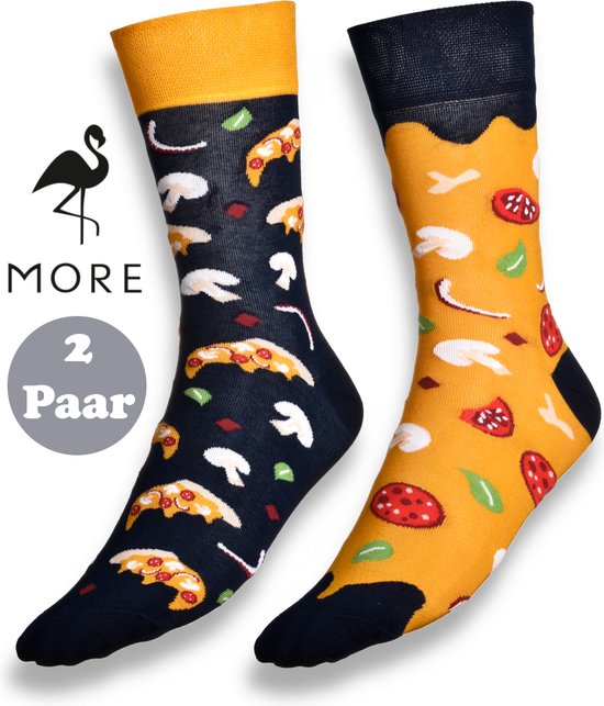 More Fashion - Dames Sokken - Maat 35 36 37 38 - 2-Pack - Leuk Asymmetrisch Print - Kleurrijk - Pizza - MADE IN EU