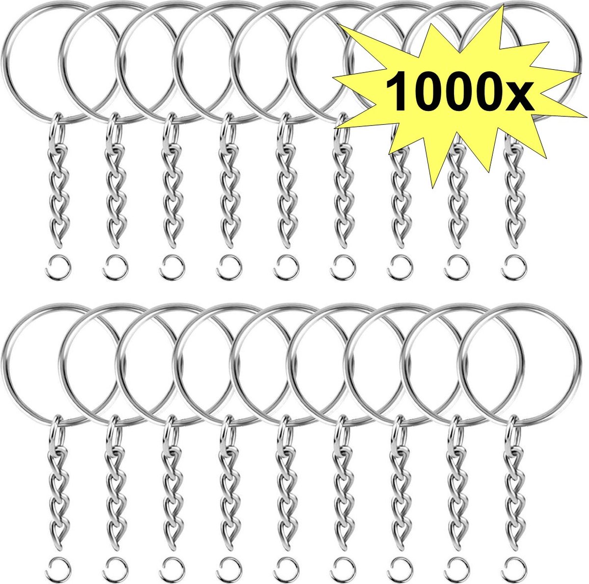 Fako Bijoux - Sleutelringen Met Ketting - Sleutelhanger Ringen - Splitringen Met Ketting - 25 mm - 1000 Stuks