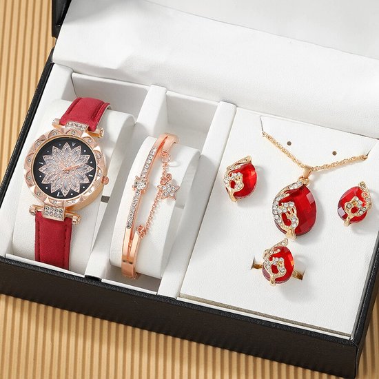 Luxe Vrouwen Quartz Horloge Sieraden Set Zakelijke Mode Casual Ronde Wijzer Bloem Horloge Ketting Oorbellen Ring Set Cadeau Rood