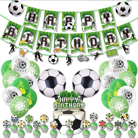 Bollabon® - Voetbal Versiering Verjaardag - Voetbal Vlaggenlijn - Voetbal Slingers - Voetbal Prikkers voor Voetbal Traktatie - Happy Birthday Slinger - Voetbal Taart Decoratie - Verjaardag Voetbal Thema