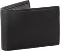 Portefeuille noir en cuir pour homme, à moitié ouvert, avec logo en bas à droite.