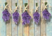 Fotobehang Wooden Wall Flowers Lavender | XXL - 312cm x 219cm | 130g/m2 Vlies