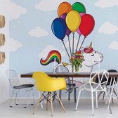 Fotobehang Flying Unicorn With Balloons | VEL - 152.5cm x 104cm | 130gr/m2 Vlies