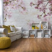 Fotobehang Vintage Chic Cherry Blossom Wood Planks | VEL - 152.5cm x 104cm | 130gr/m2 Vlies