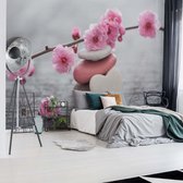 Fotobehang Spa Pebbles And Cherry Blossom Flowers | VEL - 152.5cm x 104cm | 130gr/m2 Vlies