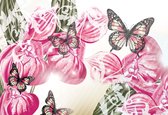 Fotobehang Butterflies Flowers | XXL - 312cm x 219cm | 130g/m2 Vlies