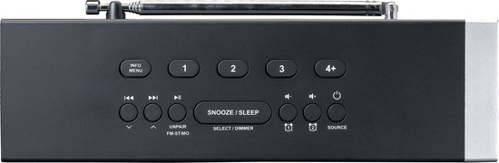 Bovenkant van een zwarte Lenco wekkerradio met bedieningsknoppen, waaronder 'SNOOZE/SLEEP', en een uitgeschoven antenne.
