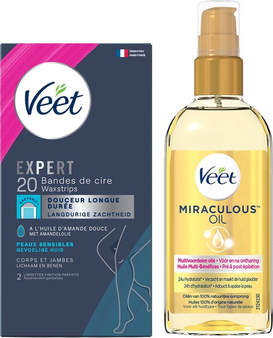 Veet - Gevoelige huid - Miraculous oil - Ontharingsstrips Benen (Sensitive) 20st