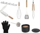 Supervintage luxe uitgebreide barbecue bbq gereedschappen set 8 delig - vishouder -handschoen - aardappelhouder - tang - spatel - thermometer - rookbox - gift set - cadeau set - Vaderdag