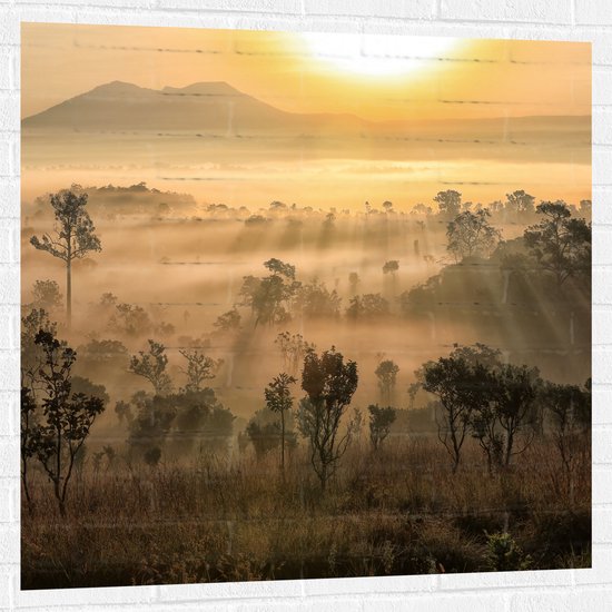 Muursticker - Zonnestralen Schijnend over de Bergtoppen in het Landschap - 100x100 cm Foto op Muursticker