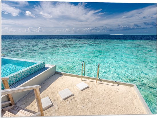 Acrylglas - Zwembad boven Tropisch Blauwe Zee in Luxe Vakantieverblijf - 80x60 cm Foto op Acrylglas (Wanddecoratie op Acrylaat)