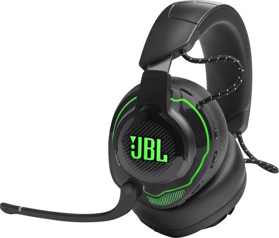 Zwarte JBL gaming headset met microfoon, groene gloed en kabel.
