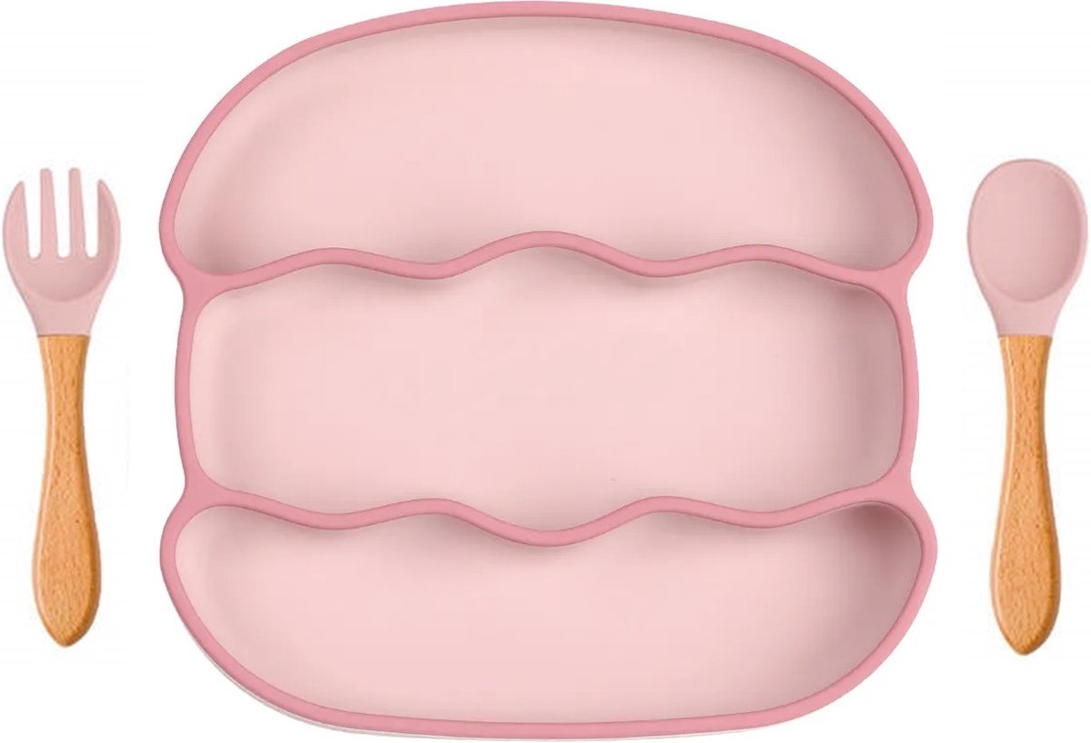Goedkoopste 3-Vaks Babybord Geribbeld - met Houten Bestek - Roze