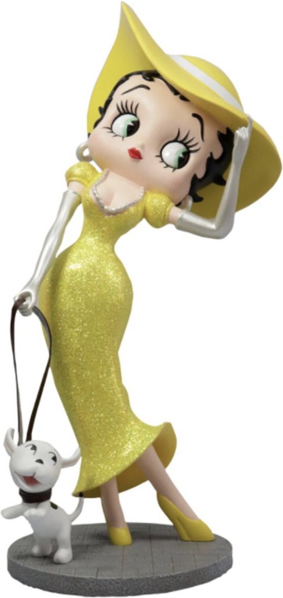 Betty Boop Wandelend Met Pudgy In Een Gele Glitter Jurk Beeldje