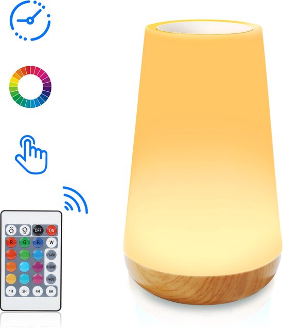 Oplaadbaar Nachtlampje Met Touch Control & Afstandsbediening-Wit Warm licht en 13 RGB kleuren - met Timing-functie- Sfeerlamp - LED verlichting - Leeslamp - Tafellamp - Bedlamp voor Baby, Kinderen & Volwassen - Dimbaar - 15.2CM