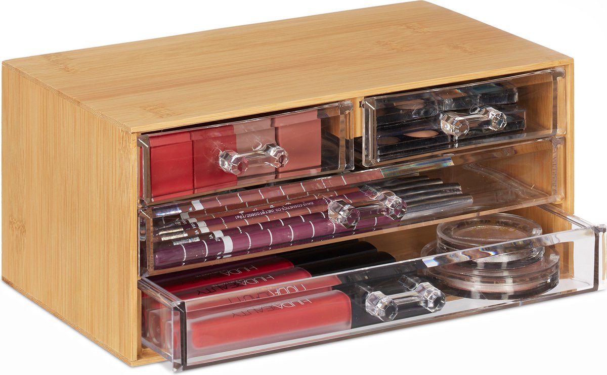 cosmetica organizer - bamboe - 4 lades - voor lippenstift - nagellak - sieraden