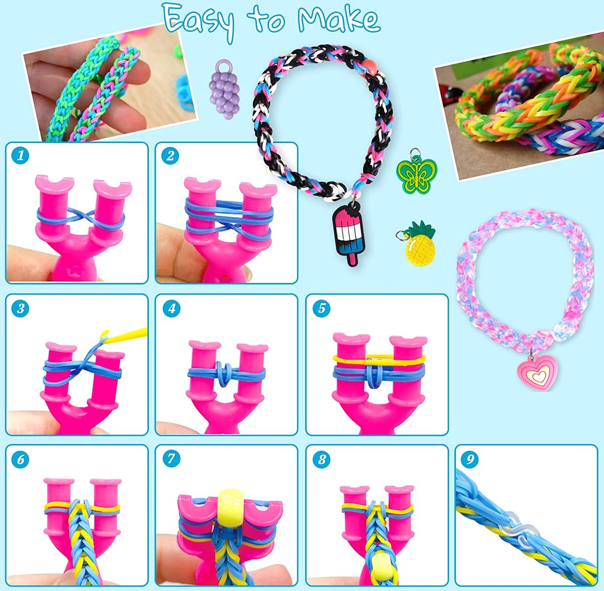 Nogeqi 120 stuks loom-bedelhangers, rubberen loom-bandjes, hangers, accessoires voor kinderen, meisjes en jongens, loop armband bedel, sieraden zelf maken, doe-het-zelf armbanden, halskettingen