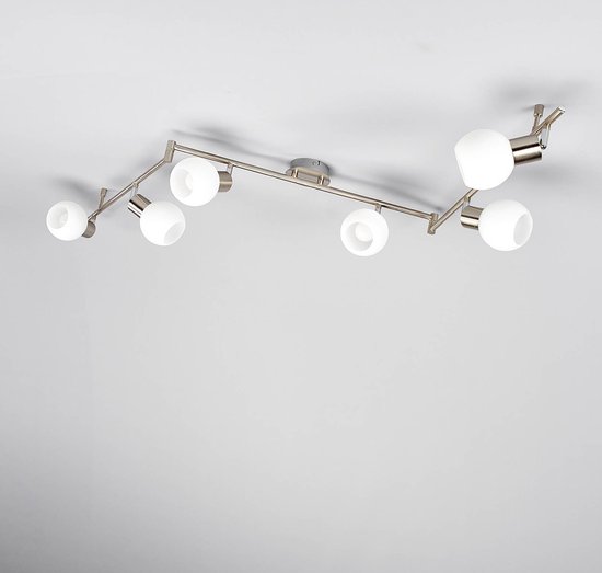 Lindby - Plafonnier LED - 6 lumières - métal, verre - H : 19,5 cm - E14 - nickel mat, blanc opale - Sources lumineuses incluses