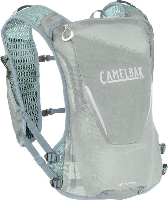CamelBak Zephyr Vest voor Vrouwen - One Size - Ultralicht Materiaal - Ruimte voor 2 Flexibele 500 ml flessen - Reflecterend - 8 vakken - Hardloopvest - Drinkhouder - Drinkzak - Grijs met Turquoise