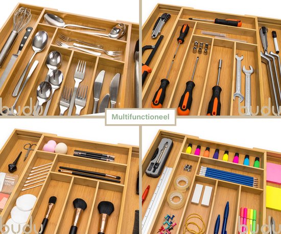 Un collage de quatre images d'un organisateur de couverts en bambou, rempli de divers articles tels que des couverts, des ustensiles de cuisine, des outils et du maquillage.
