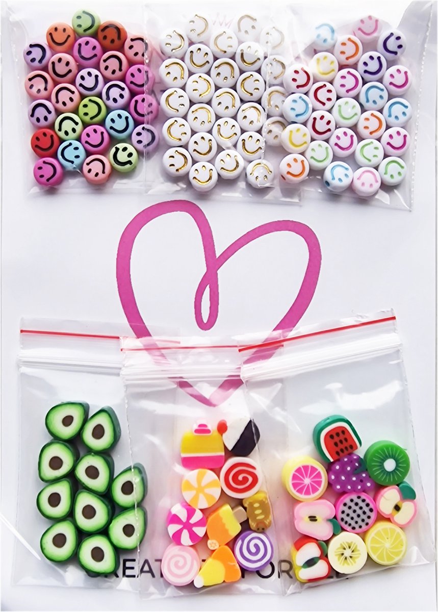 Principessa Avocado’s, Smileys, Fruit, Snoep en IJsmix kralenset – Unieke mix 105 stuks – Regenboogkleuren – 7 en 10 mm kralen – Acryl en Polymeer klei — afbeelding 2