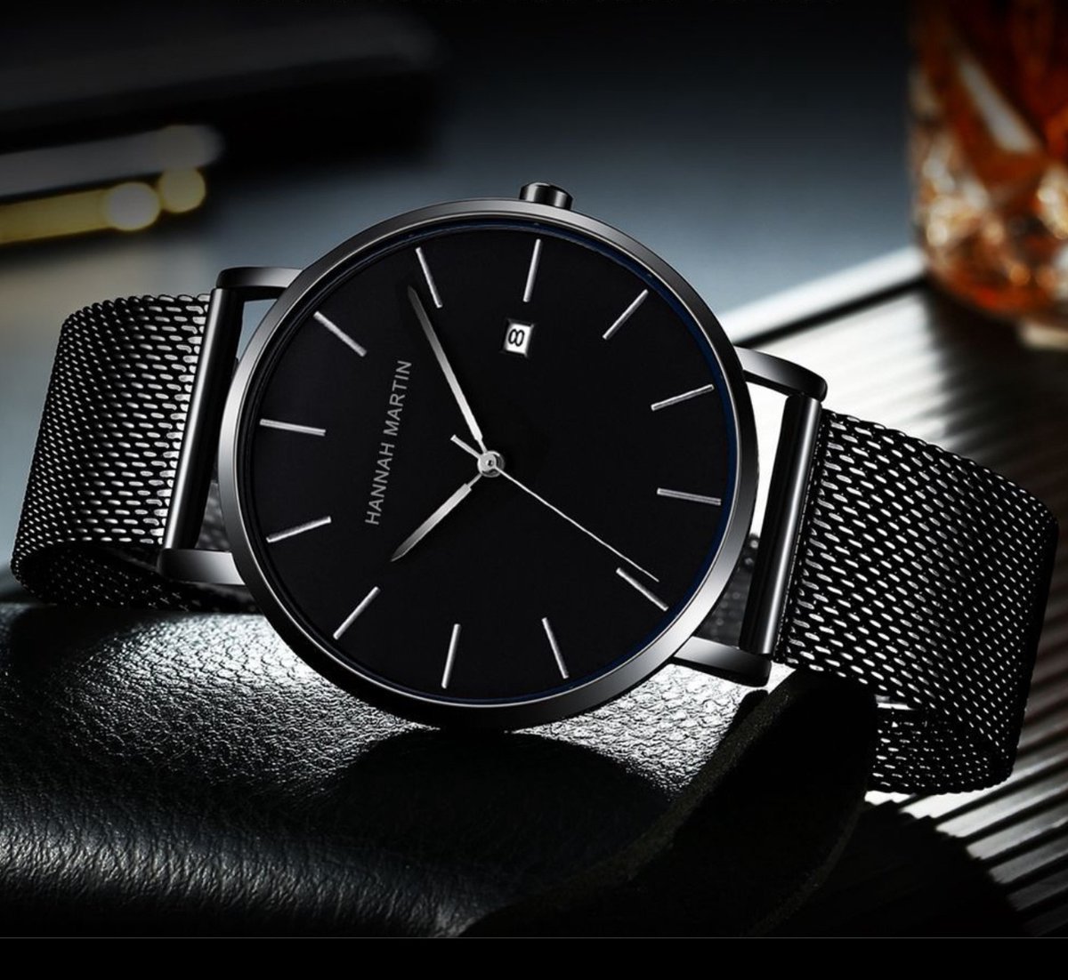 Zwart Krachtig stijlvol duurzaam roestvrijstalen herenhorloge van Leerella Het elegante roestvrijstalen slimline herenhorloge