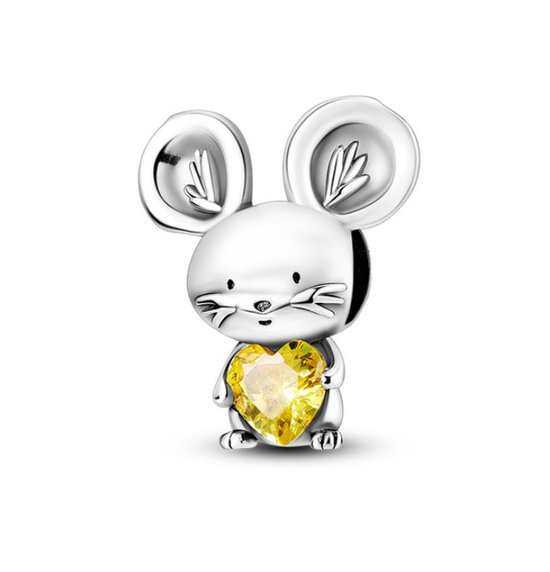 Charme pour Bracelet Pandora | Charme souris | Coeur jaune | Charme Charm | 925 | Émail noir | Zircone jaune | Cadeau |