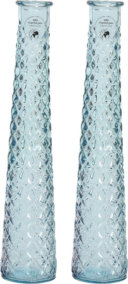 Decoris Vaas/bloemenvaas van gerecycled glas - 2x - D7 x H32 cm - transparant blauw