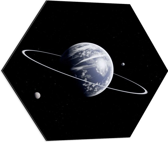 Dibond Hexagon - Drie Planeten in het Heelal - 60x52.2 cm Foto op Hexagon (Met Ophangsysteem)