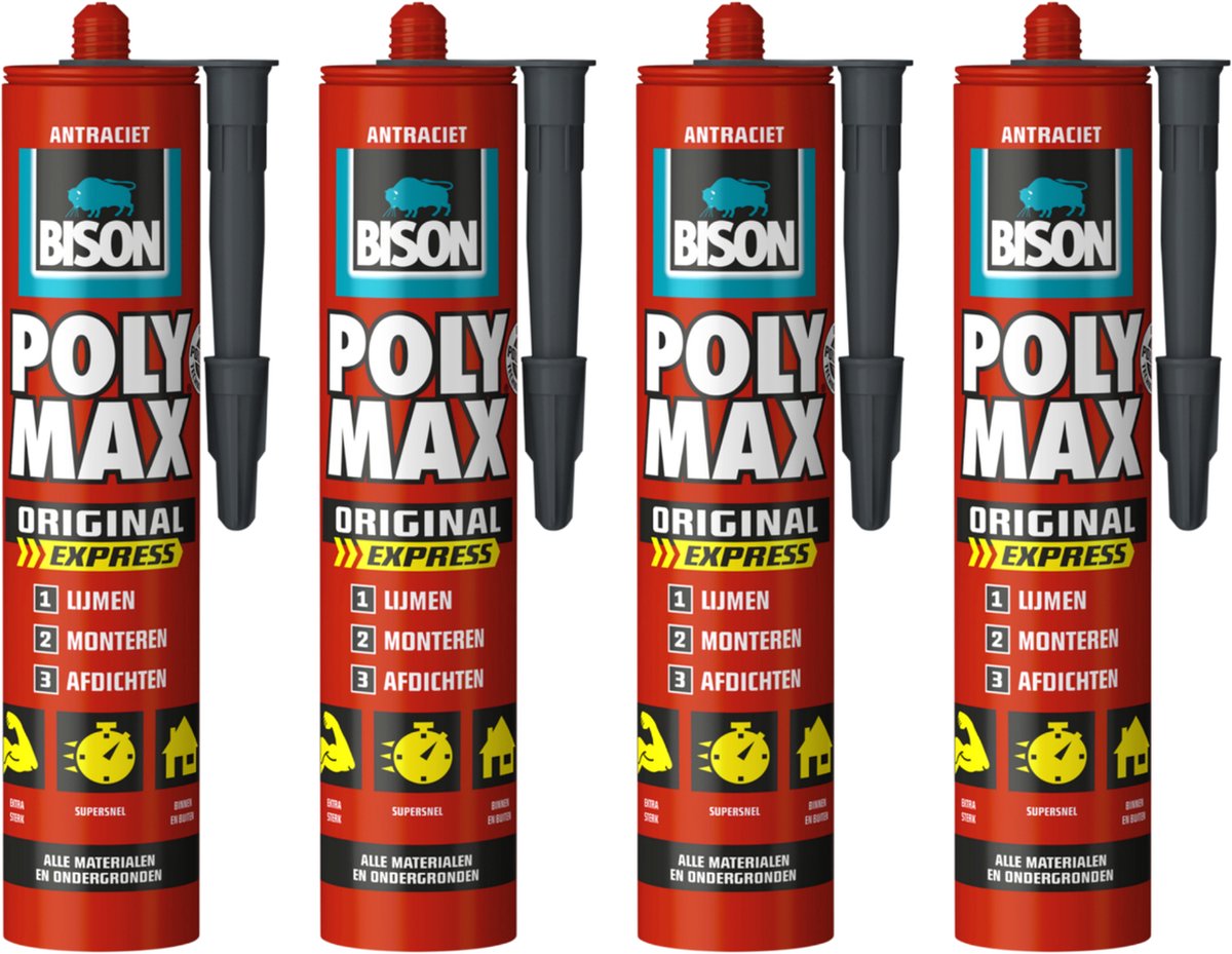 Bison poly max express - montagelijm - extra sterk - antraciet - 4 x 425 gram