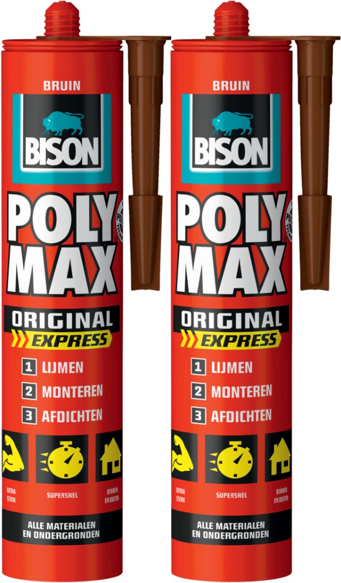 Bison poly max express - montagelijm - extra sterk - bruin - 2 x 425 gram